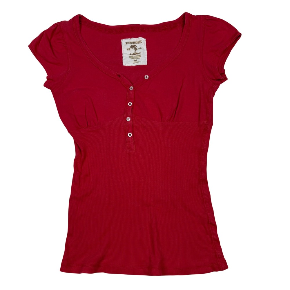VTG Y2K Energie Red Cotton Henley Babydoll Ribbed Knit Top Short Sleeve Medium